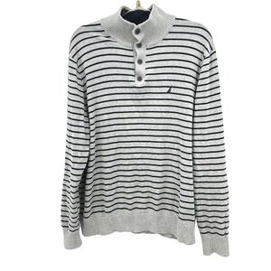 Nautica Mens Striped Button Neck Sweater Gray Black Long Sleeve Size L